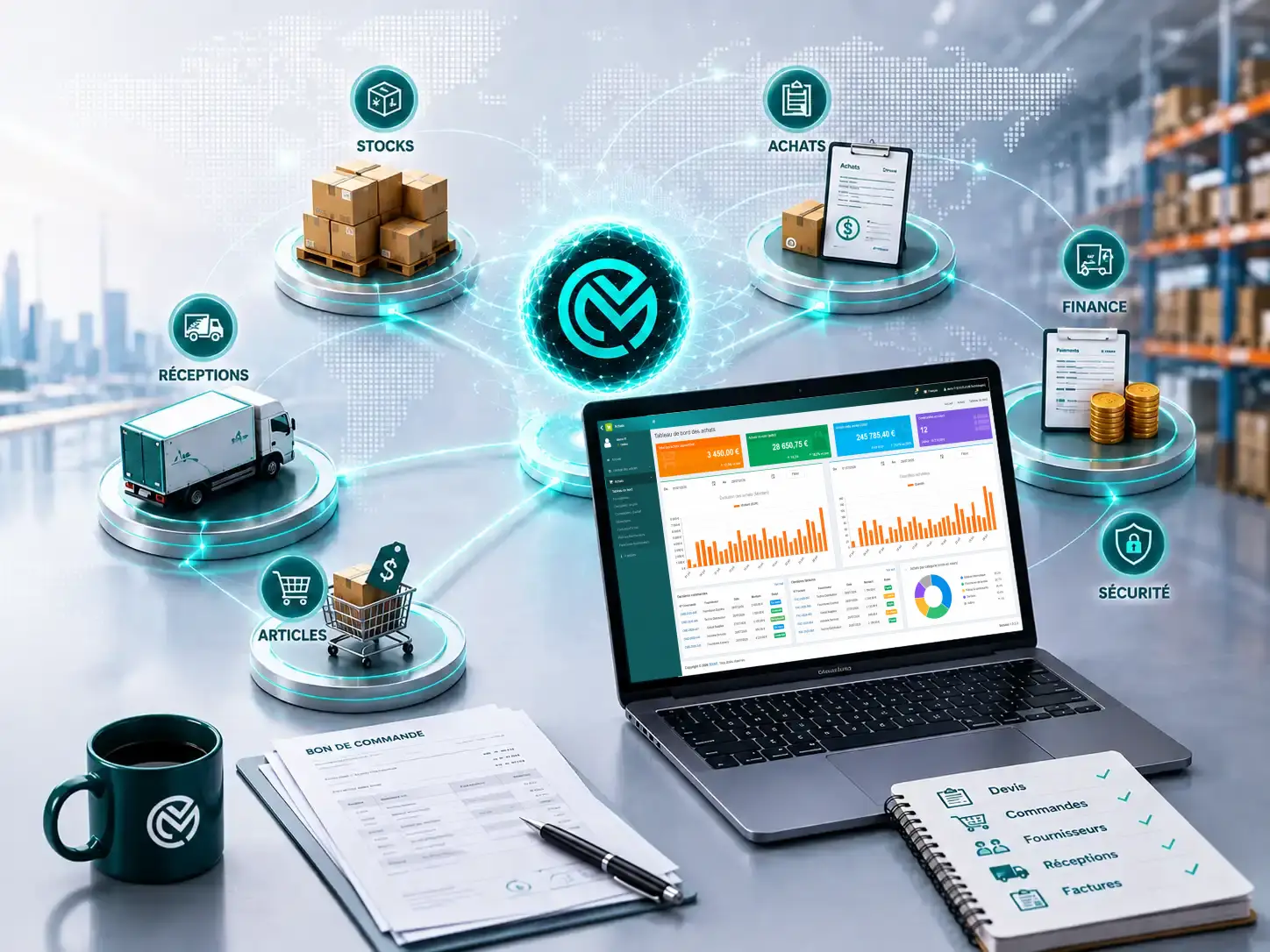 Illustration des intégrations Achats avec les stocks et la comptabilité