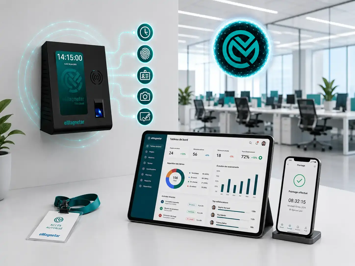 Interface ERP eMagnetar – module Présences avec badgeuse et suivi du temps